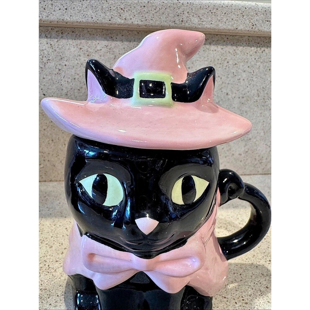 Jack O’ Lantern Lane Halloween Witch Cat Mugs Set of 2 Orange and Pink - Picture 5 of 8